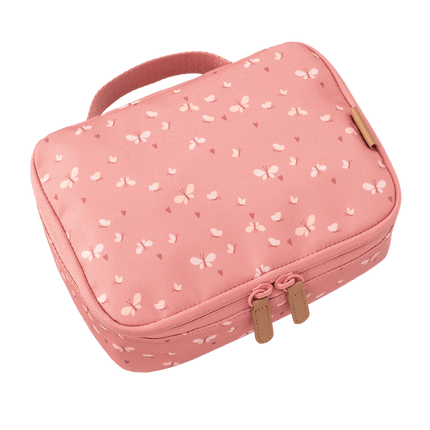 small pink lunch bag with butterfly print