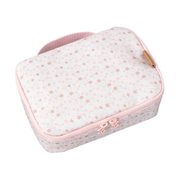 Cream rectangular snack bag with tiny pink garden flowers print pattern.