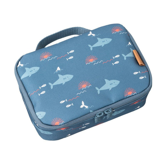 Blue rectangular snack bag with tiny sharks print pattern.

