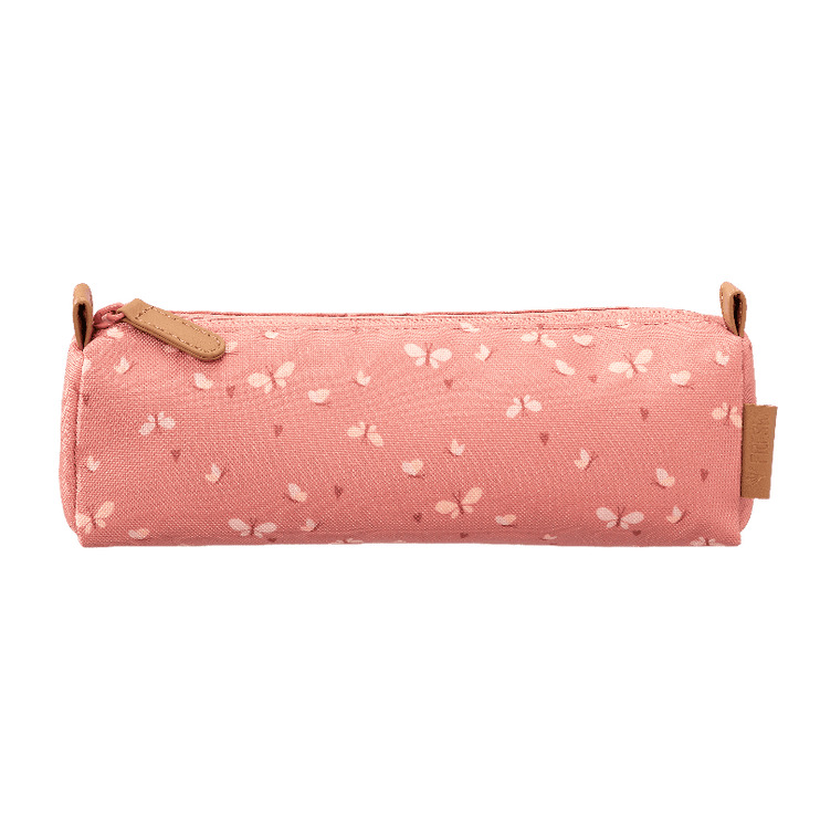 Pink pencil case with butterfly pattern print