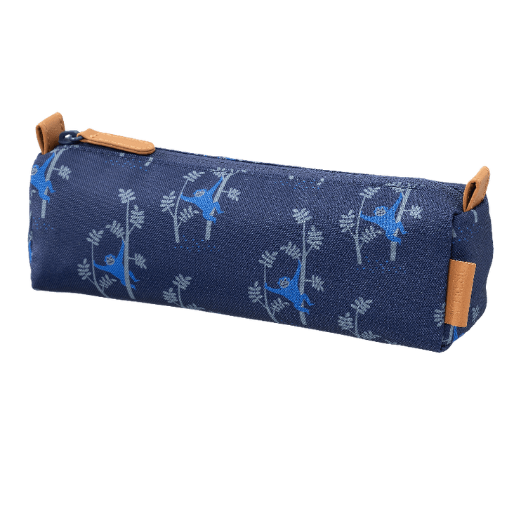 Blue pencil case with monkey pattern and brown zipper