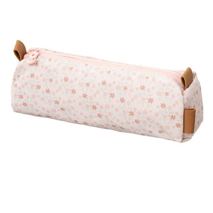 Cream rectangular pencil case with a pattern of tiny pink garden flowers. It has a zipper closure with a light pink pull and small brown tabs at both ends.
