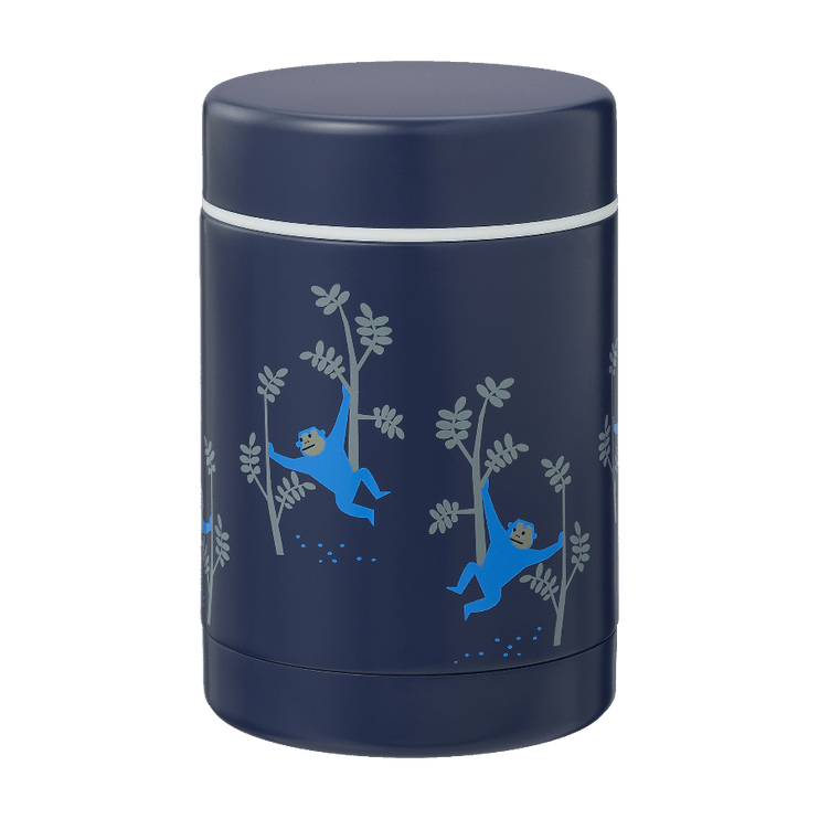 Navy blue thermos food jar with monkey design