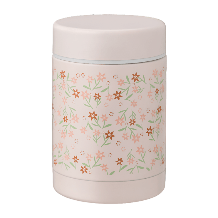 Cream cylindrical food jar with a pink garden flowers pattern. It has a matching cream lid and a white silicone ring around the top.
