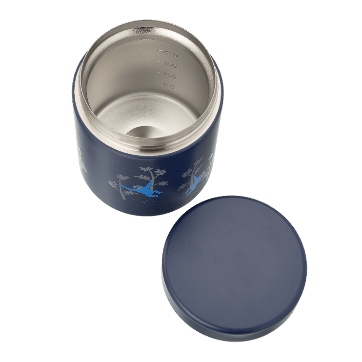 blue thermos food jar with monkey on a tree pattern