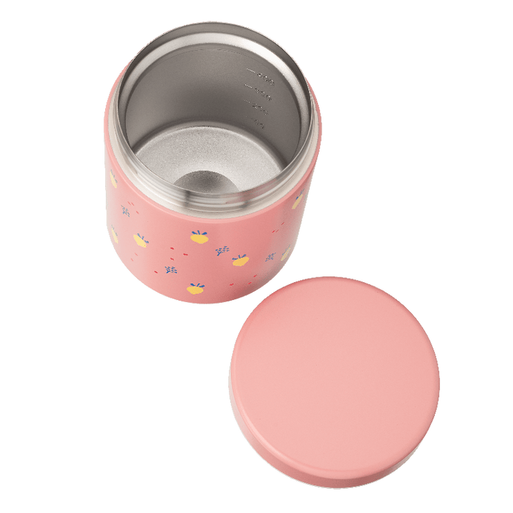 Pink thermos food jar with a summer fruit pattern 
