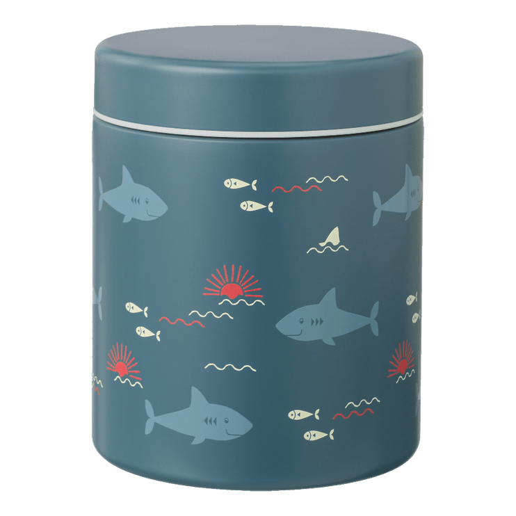Blue container with shark pattern on 