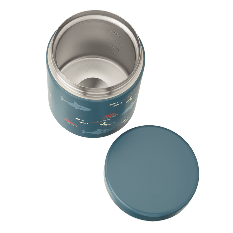 Blue thermos with shark print