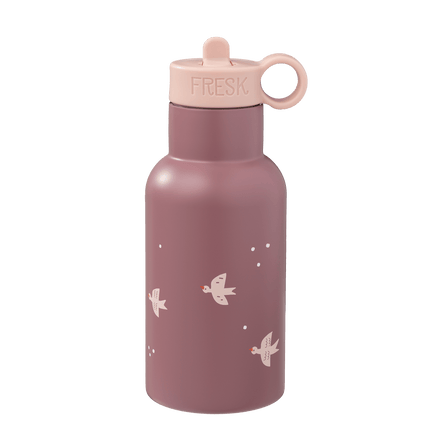 Pink water bottle with bird designs and 'FRESK' branding