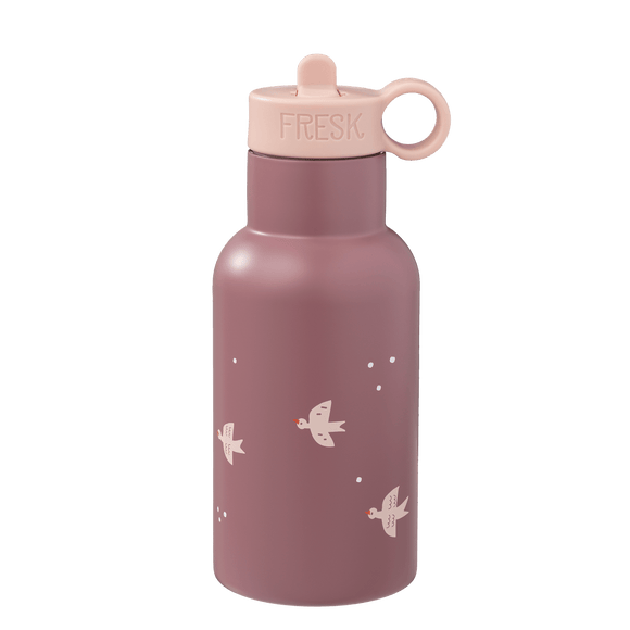 Pink water bottle with bird designs and 'FRESK' branding