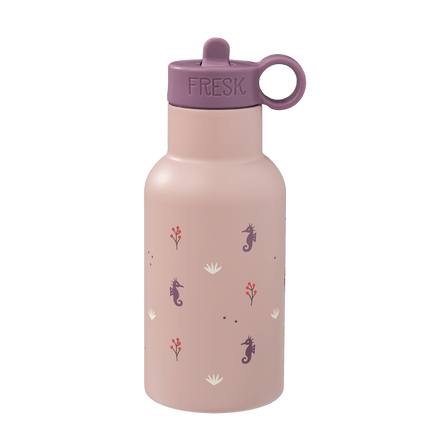 350ml Pink water bottle with purple lid and seahorse design
