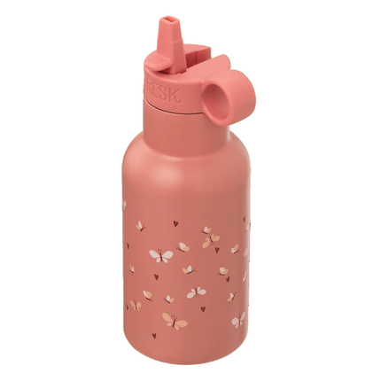Pink water bottle with butterfly pattern and pink lid 