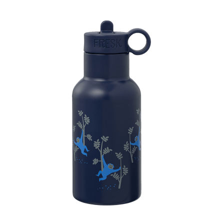 Navy blue water bottle with monkey in a tree design 