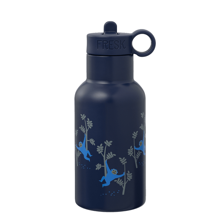 Navy blue water bottle with monkey in a tree design 