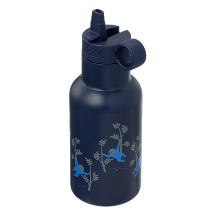 Navy blue water bottle with monkey design