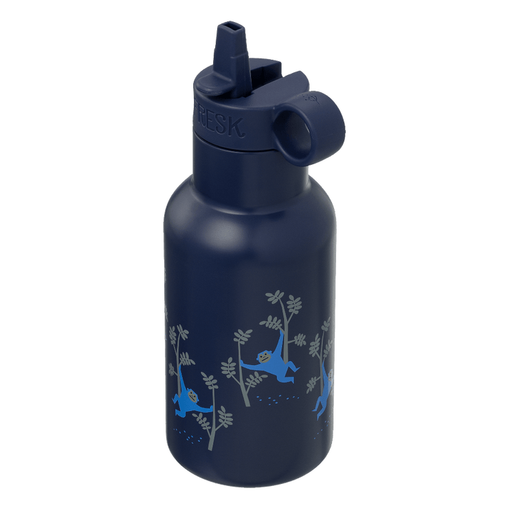 Navy blue water bottle with monkey design