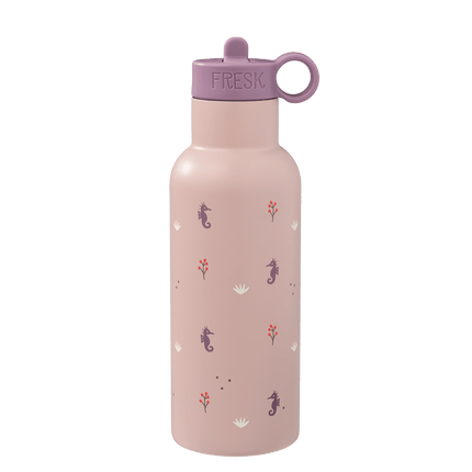 Pink water bottle 500ml with seahorse design and purple cap 