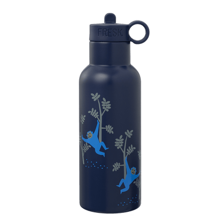 blue water bottle with monkey in a tree pattern
