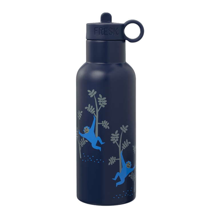 blue water bottle with monkey in a tree pattern