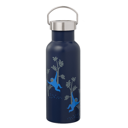 Navy blue water bottle with tree and monkey design