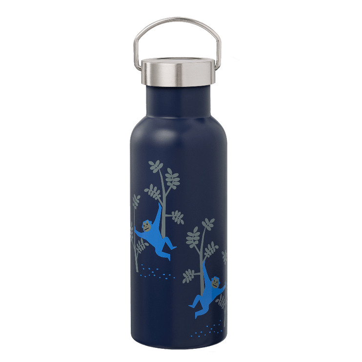 Navy blue water bottle with tree and monkey design
