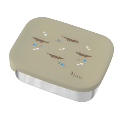 Green rectangular lunchbox with a stainless steel base and a lid decorated with brown crocodiles, blue wavy lines, and small white leaf-like shapes. The word "FRESK." is printed on the bottom right corner of the lid.