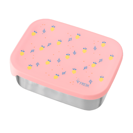 Peach rectangular lunchbox with a stainless steel base and a lid featuring a pattern of yellow summer fruit and blue leaf clusters. The word "FRESK." is printed on the bottom right corner of the lid.