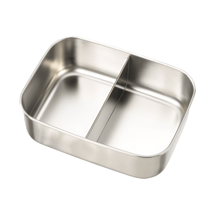 Empty rectangular stainless steel lunchbox with two compartments.