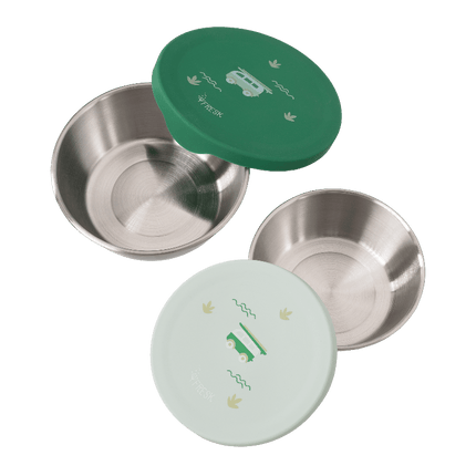 Two stainless steel bowls with green and light blue lids