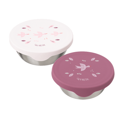 Two containers with pink lids 