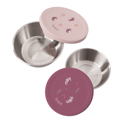 Set of two stainless steel bowls with pink lids 