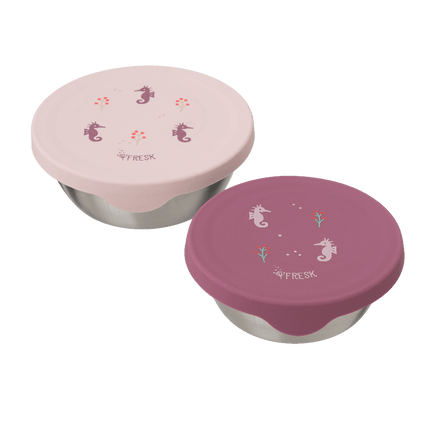 Two food containers with pink silicone lids with sea horse print 