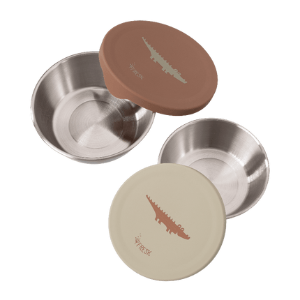 Set of two  stainless steel bowls with brown and beige lids 
