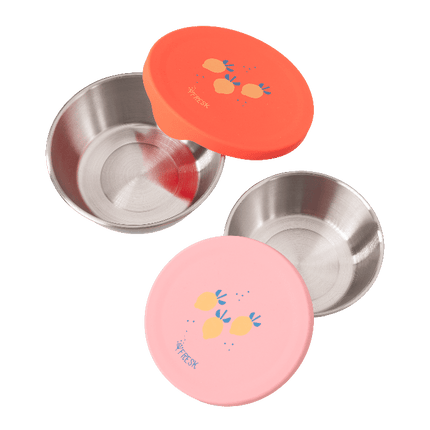 Two stainless steel snackbox with orange and pink lids 