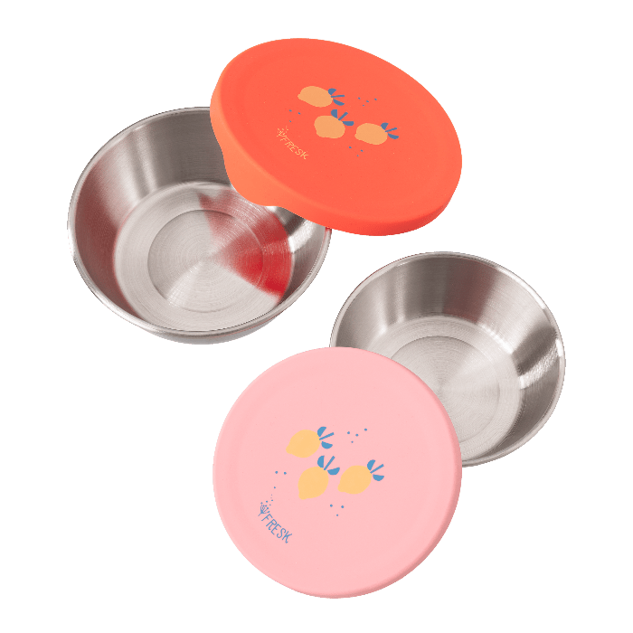 Two stainless steel snackbox with orange and pink lids 