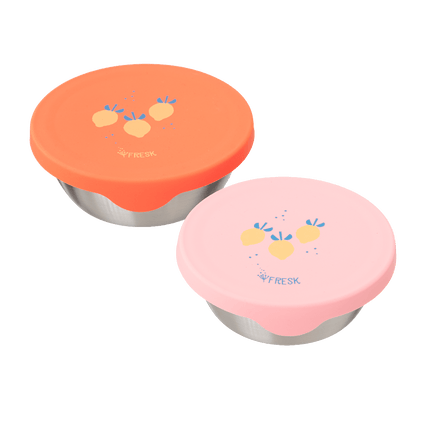2 sets of stainless snackbox with summer fruit  print silicone lid