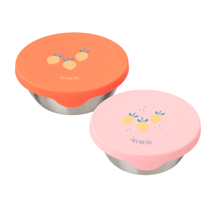 2 sets of stainless snackbox with summer fruit  print silicone lid