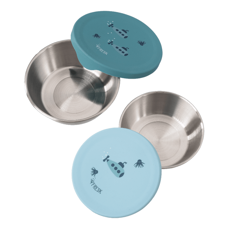 Two stainless steel bowls with blue silicone lids 