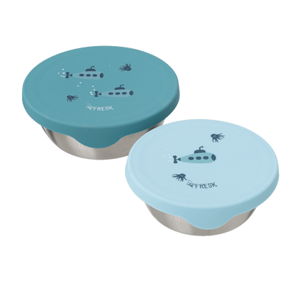 Two stainless steel containers with blue lids featuring submarine print 