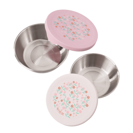 set of two stainless snackbox with garden flower print silicone lid