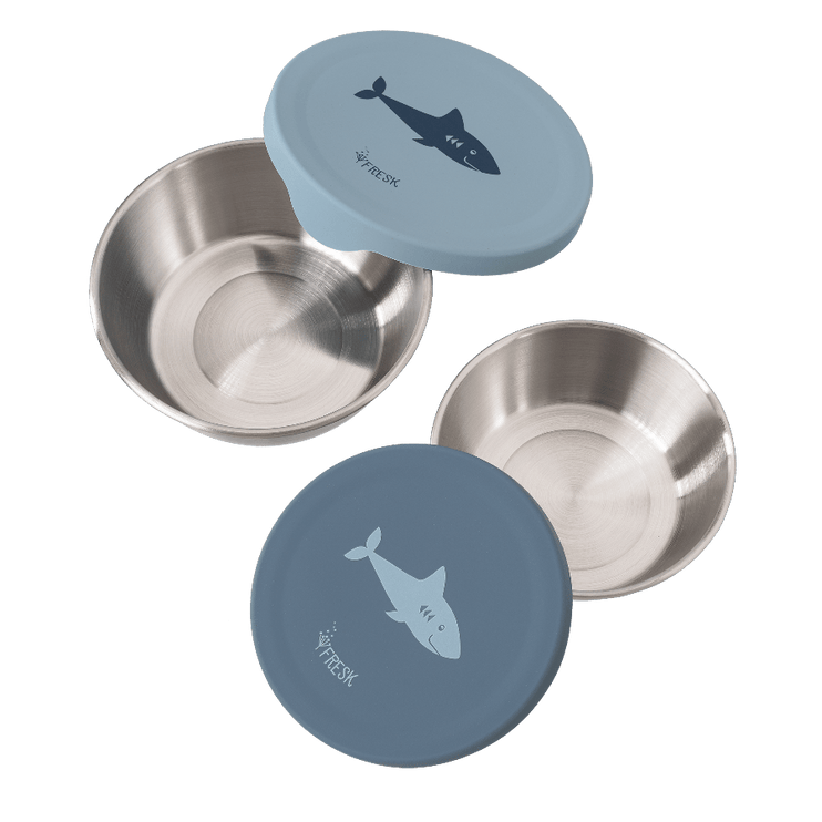 Set of two stainless steel bowls with blue shark print on silicone lids