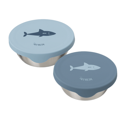 Two blue containers with shark print on lids 