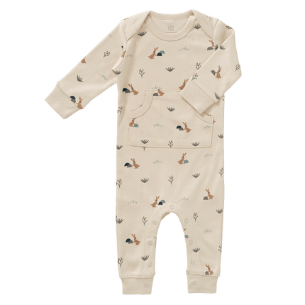 Baby footless romper with rabbit sandshell print pattern