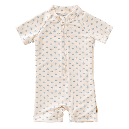 Cream with blue floral flower swimsuit from Fresk for boy made from eco-friendly recycled nylon with UPF 50+ protection keeping your little one safe, comfy, and stylish for beach or pool fun.