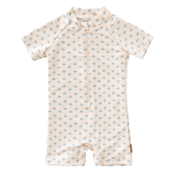 Cream with blue floral flower swimsuit from Fresk for boy made from eco-friendly recycled nylon with UPF 50+ protection keeping your little one safe, comfy, and stylish for beach or pool fun.