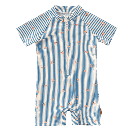 Striped cream & blue Fresk swimsuit for boys made from eco-friendly recycled nylon with UV protection 50 keeping your little one safe, comfy, and stylish for beach or pool fun.