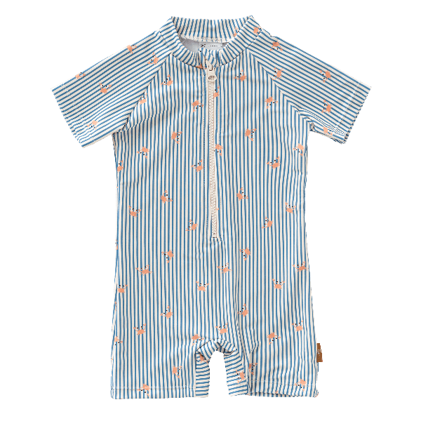 Striped cream & blue Fresk swimsuit for boys made from eco-friendly recycled nylon with UV protection 50 keeping your little one safe, comfy, and stylish for beach or pool fun.