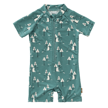 Blue Fresk swimsuit for boys made from eco-friendly recycled nylon with UPF 50+ protection keeping your little one safe, comfy, and stylish for beach or pool fun.