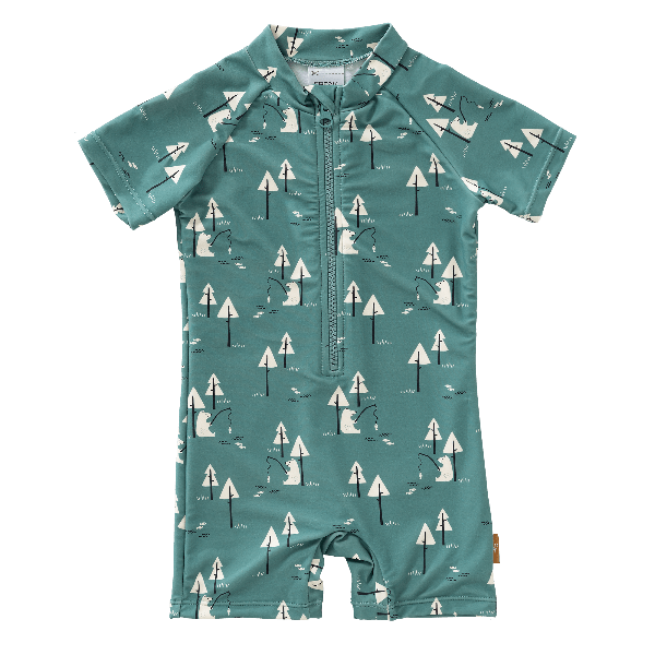 Blue Fresk swimsuit for boys made from eco-friendly recycled nylon with UPF 50+ protection keeping your little one safe, comfy, and stylish for beach or pool fun.