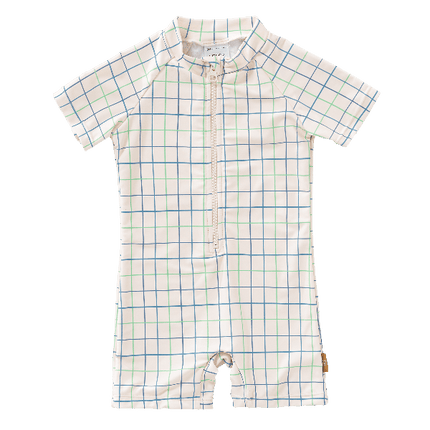 Cream with blue & green stripes Fresk swimsuit for boys made from eco-friendly recycled nylon with UPF 50+ protection keeping your little one safe, comfy, and stylish for beach or pool fun.